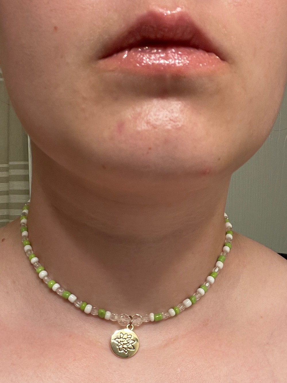 Green & White Beaded Choker Necklace with Gold Lotus Charm- Handmade